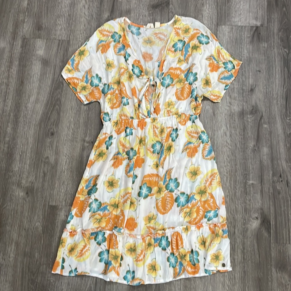 Roxy Tropical Floral Teal Orange Yellow Beach Sundress Mini Dress
